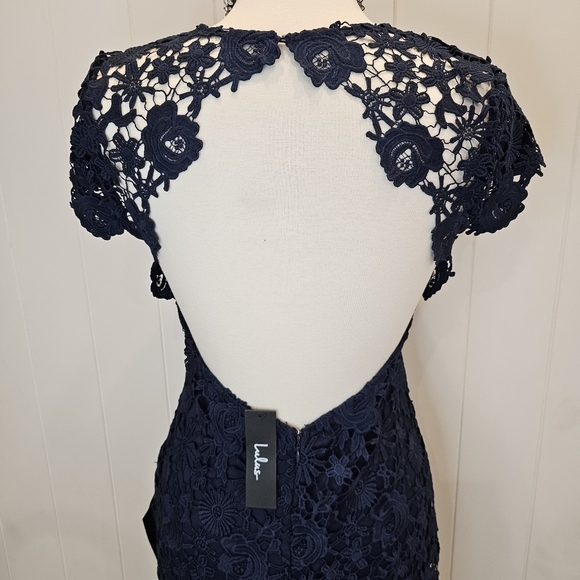 Lulu's Lace Dress Women's Size Large Navy NWT Lace Mini Open Back Sexy Wedding - Picture 12 of 15